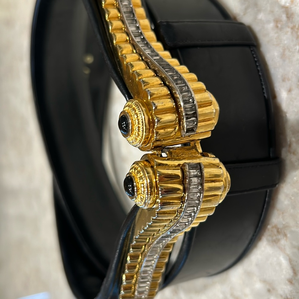 vintage Judith Lieber black leather belt with gold, rhinestone and onyx buckle.